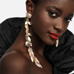 Women Asymmetric Long Tassel Leaf Drop Earrings
