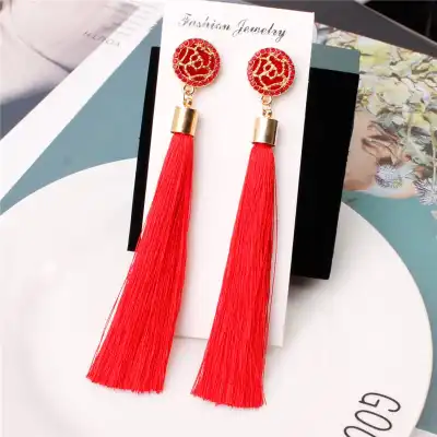 Women Flower Design Long Tassel Earrings Alloy