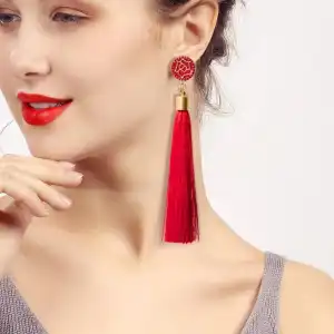 Women Flower Design Long Tassel Earrings Alloy