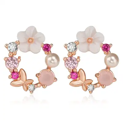 Women Sweet Flower Shaped Rhinestone Decorative Earrings