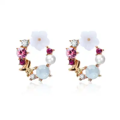 Women Sweet Flower Shaped Rhinestone Decorative Earrings