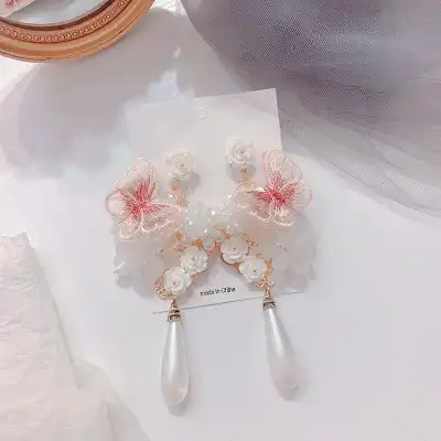 Women Baroque Style Butterfly Design Pearl Pendant Drop Earrings