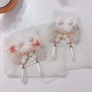 Women Baroque Style Butterfly Design Pearl Pendant Drop Earrings