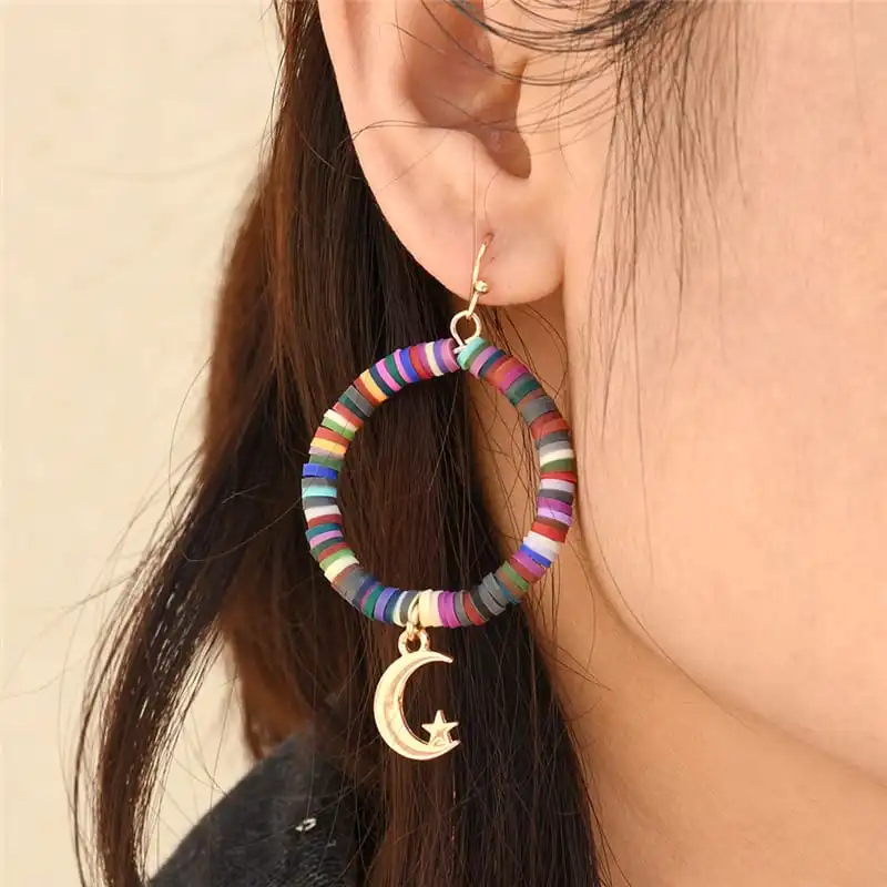 Women Bohemia Style Star Moon Ceramic Alloy Tassel Pearl Pendant Earrings