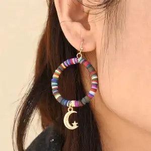Women Bohemia Style Star Moon Ceramic Alloy Tassel Pearl Pendant Earrings