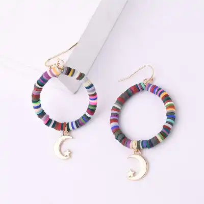 Women Bohemia Style Star Moon Ceramic Alloy Tassel Pearl Pendant Earrings