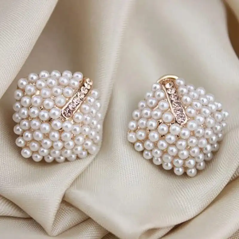 Women Fashion Pearl Decorative Rhombus Earrings Alloy Geometric