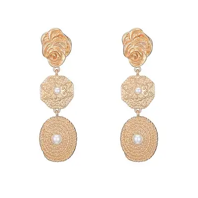 Women Alloy Exaggerated Geometric Flower Pearl Earrings
