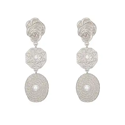 Women Alloy Exaggerated Geometric Flower Pearl Earrings