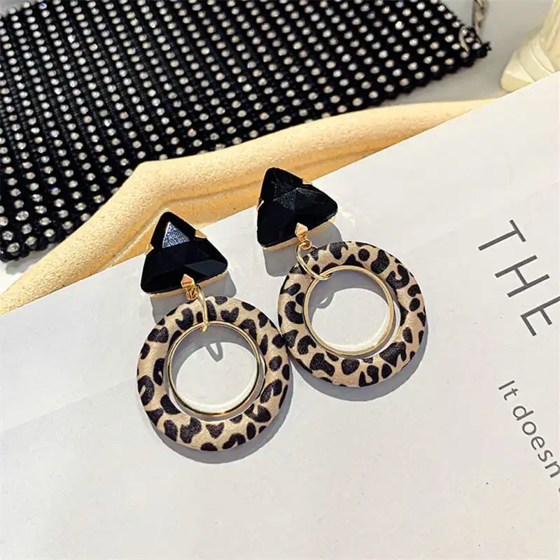 Women Triangle Rhinestone Decorative Leopard Print Hollow Out Circle Earrings 925 Hypoallergenic Titanium Steel