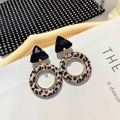 Women Triangle Rhinestone Decorative Leopard Print Hollow Out Circle Earrings 925 Hypoallergenic Titanium Steel
