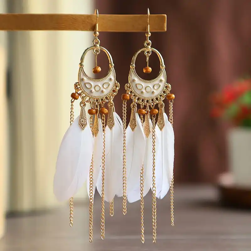 Women Bohemia Style Bead Decorative Tassel Feather Drop Earrings
