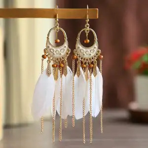 Women Bohemia Style Bead Decorative Tassel Feather Drop Earrings