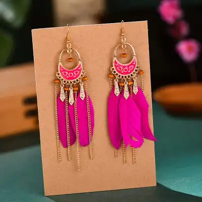 Women Bohemia Style Bead Decorative Tassel Feather Drop Earrings