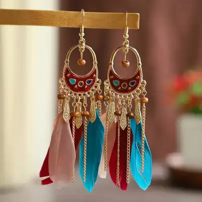 Women Bohemia Style Bead Decorative Tassel Feather Drop Earrings
