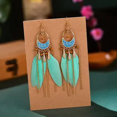 Women Bohemia Style Bead Decorative Tassel Feather Drop Earrings