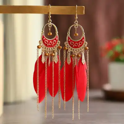 Women Bohemia Style Bead Decorative Tassel Feather Drop Earrings