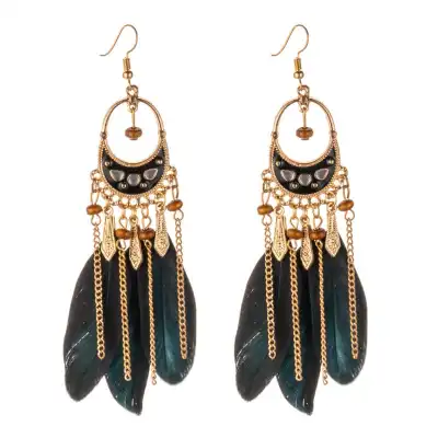 Women Bohemia Style Bead Decorative Tassel Feather Drop Earrings