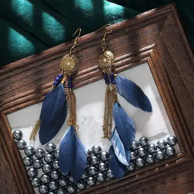 Women Retro Tassel Chain Feather Drop Earrings Alloy