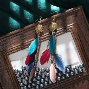 Women Retro Tassel Chain Feather Drop Earrings Alloy