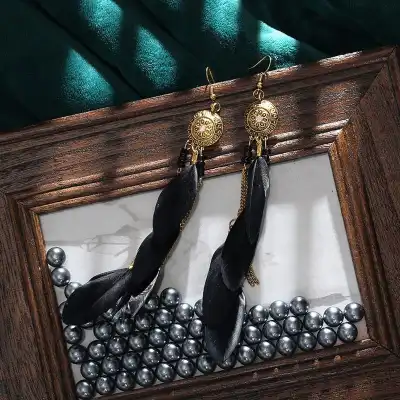 Women Retro Tassel Chain Feather Drop Earrings Alloy