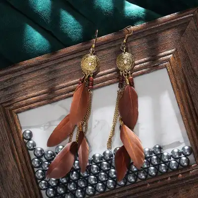 Women Retro Tassel Chain Feather Drop Earrings Alloy