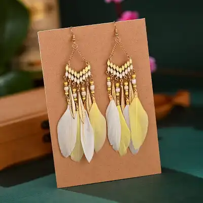 Women Bohemian Style Tassel Feather Leaf Earrings