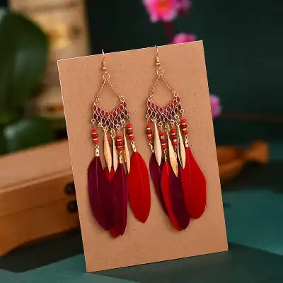 Women Bohemian Style Tassel Feather Leaf Earrings