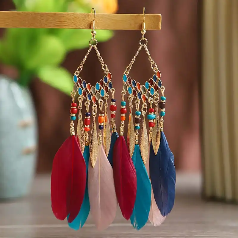 Women Bohemian Style Tassel Feather Leaf Earrings