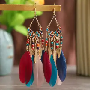 Women Bohemian Style Tassel Feather Leaf Earrings