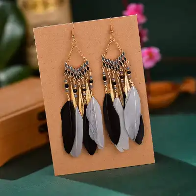 Women Bohemian Style Tassel Feather Leaf Earrings