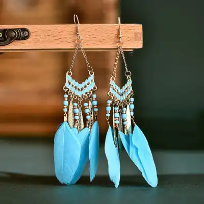 Women Bohemian Style Tassel Feather Leaf Earrings