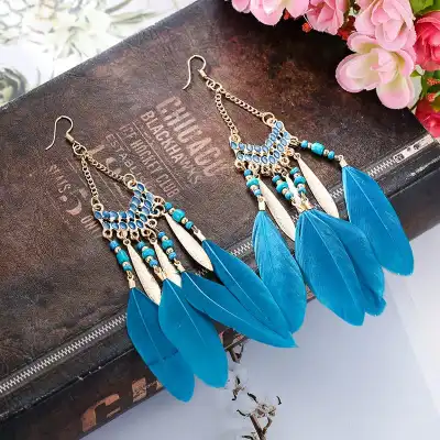 Women Bohemian Style Tassel Feather Leaf Earrings
