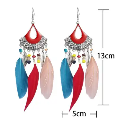 Women Retro Tassel Feather Earrings Metal Teardrop