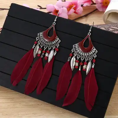Women Retro Tassel Feather Earrings Metal Teardrop