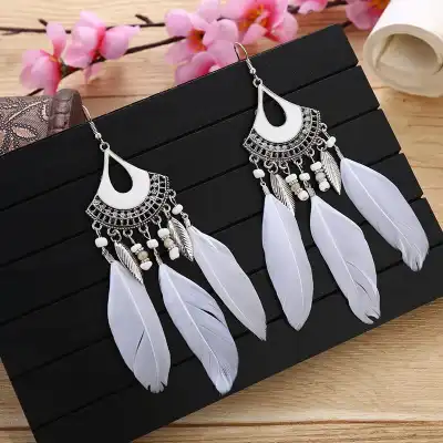Women Retro Tassel Feather Earrings Metal Teardrop