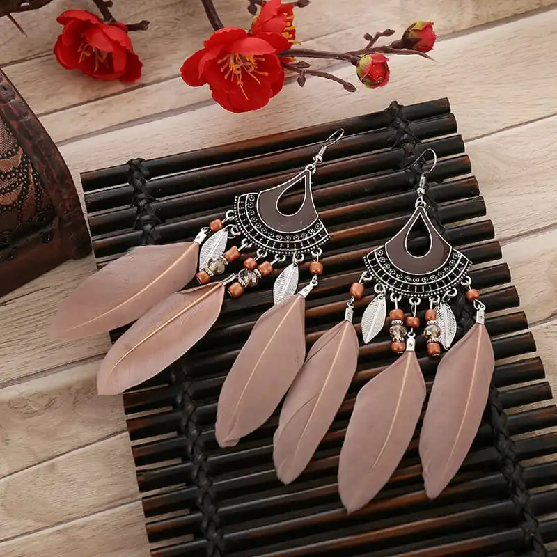 Women Retro Tassel Feather Earrings Metal Teardrop