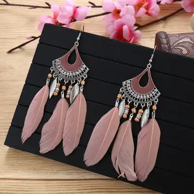 Women Retro Tassel Feather Earrings Metal Teardrop