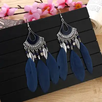 Women Retro Tassel Feather Earrings Metal Teardrop