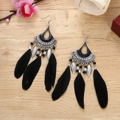 Women Retro Tassel Feather Earrings Metal Teardrop