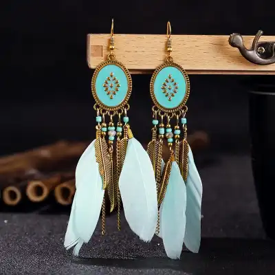 Women Unique Ellipse Design Feather Drop Earrings