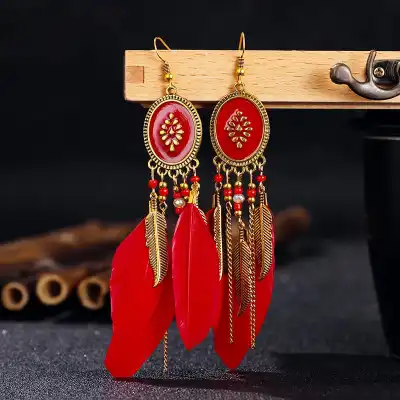 Women Unique Ellipse Design Feather Drop Earrings