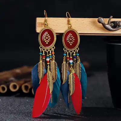 Women Unique Ellipse Design Feather Drop Earrings