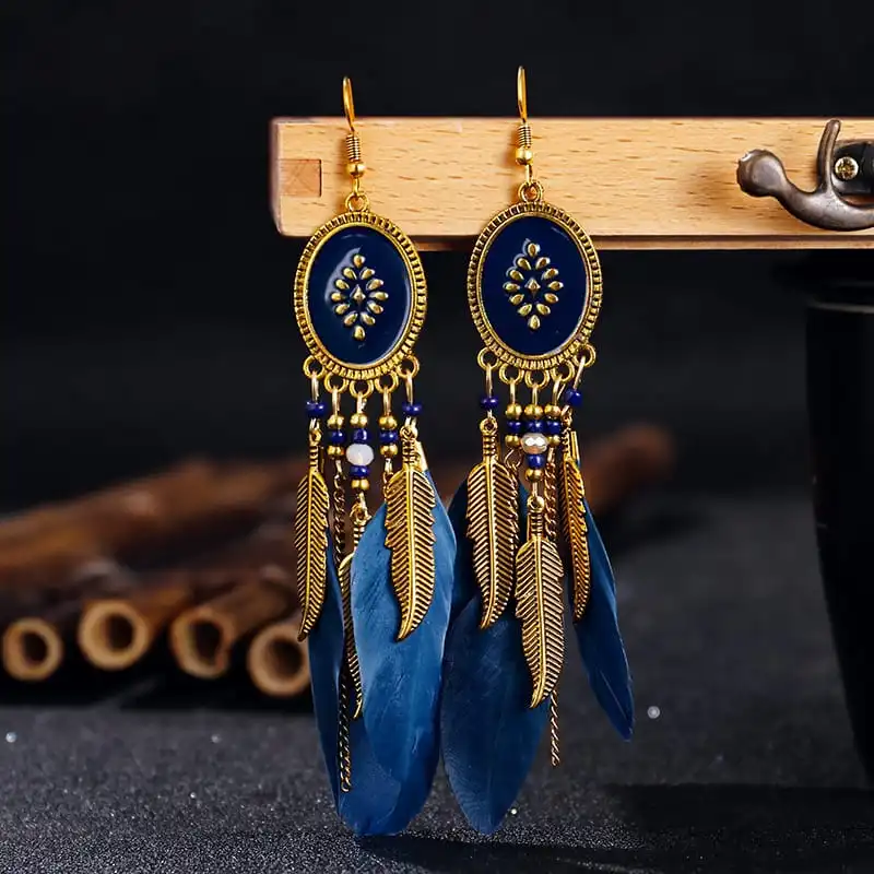 Women Unique Ellipse Design Feather Drop Earrings