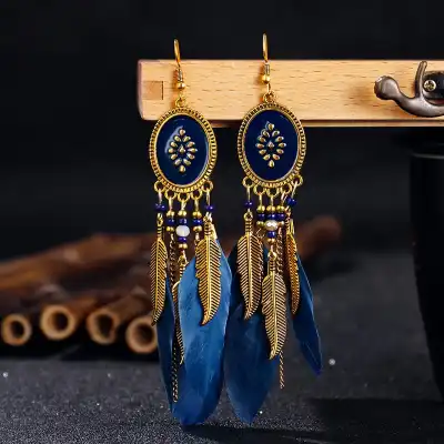Women Unique Ellipse Design Feather Drop Earrings