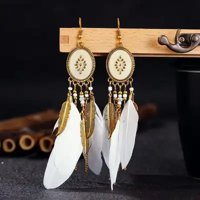 Women Unique Ellipse Design Feather Drop Earrings