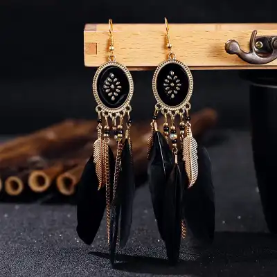 Women Unique Ellipse Design Feather Drop Earrings
