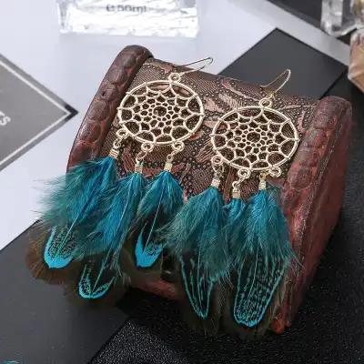 Women Unique Dreamcatcher Design Leaf Feather Earrings