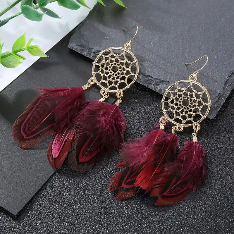 Women Unique Dreamcatcher Design Leaf Feather Earrings