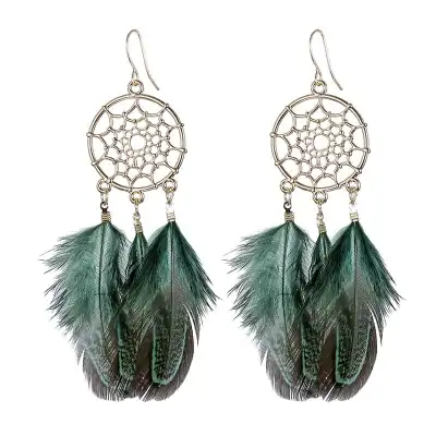 Women Unique Dreamcatcher Design Leaf Feather Earrings